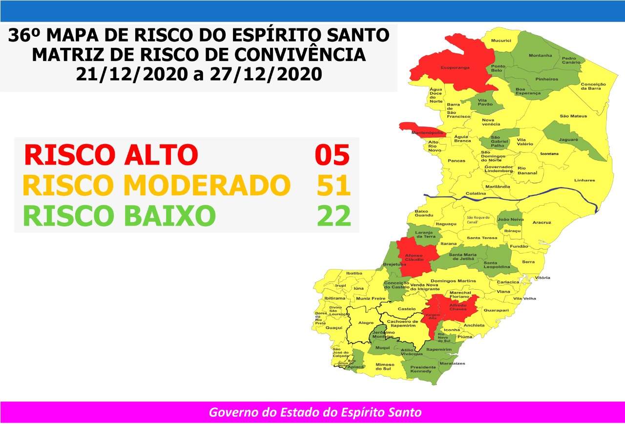 Mapa de Risco: 5 cidades estão em risco alto no Espírito Santo nesta semana